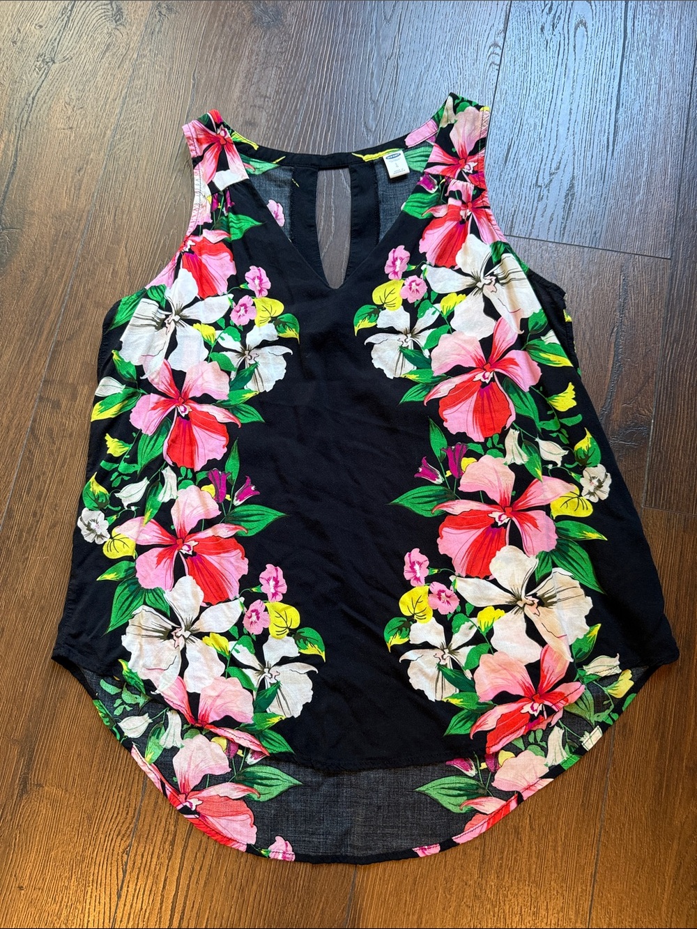 Old Navy Black Floral Keyhole Tank with Pink & Green Hibiscus